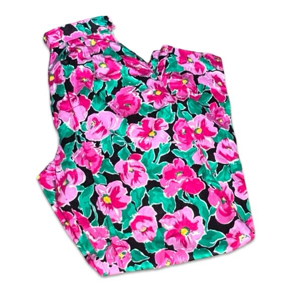 Vintage Pants - Vintage Pleated Floral High Waist Tapered Pants Pink Green Black Cotton Romantic